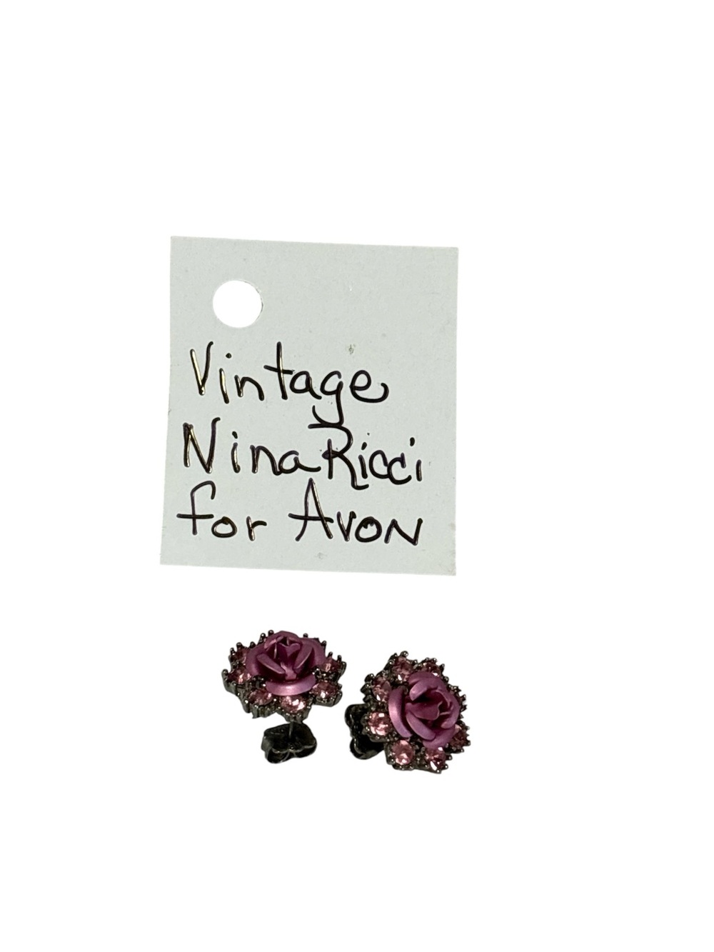 Vintage Nina Ricci For Avon Hot Pink Enamel Rhinestone Floral Earrings Pierced